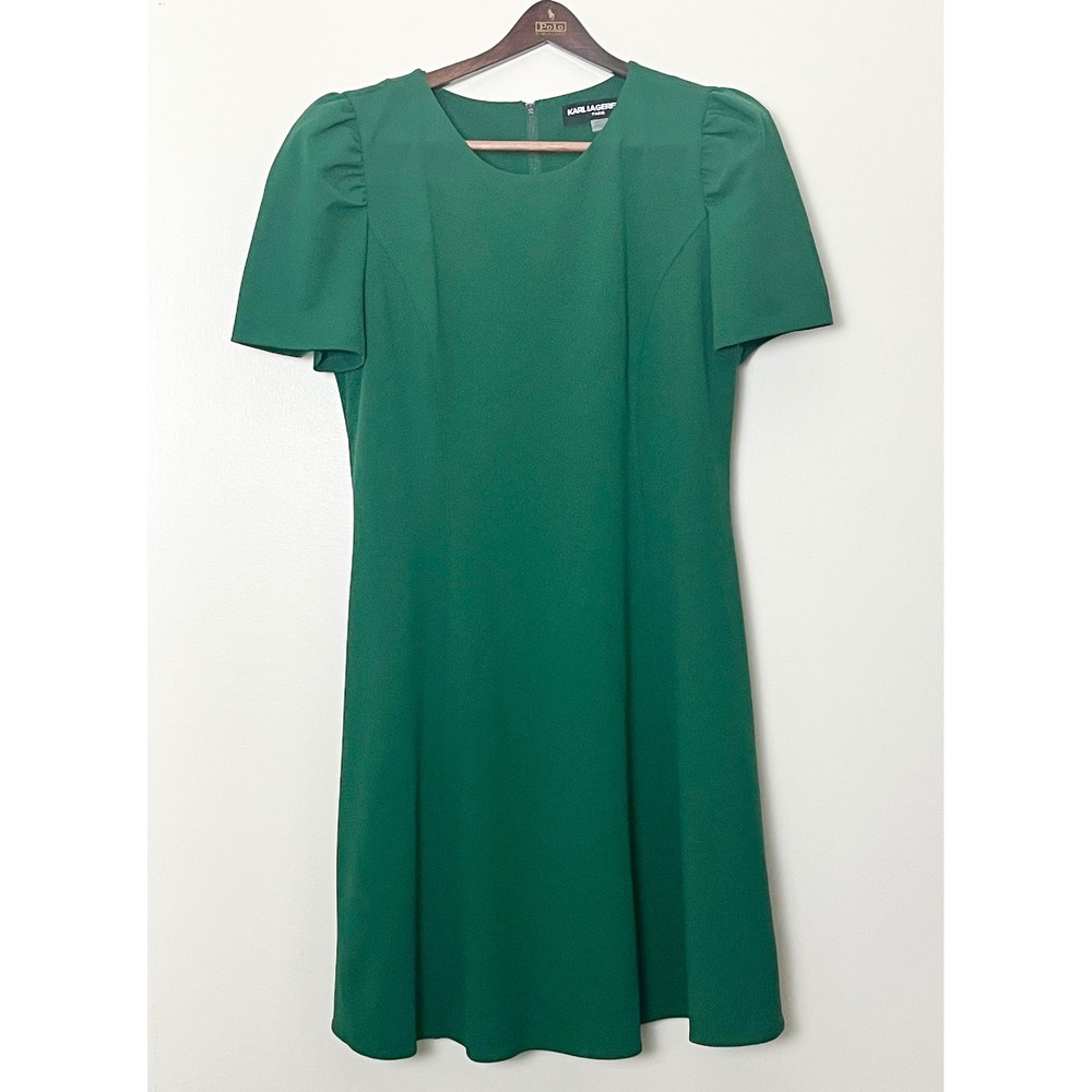 Karl Lagerfeld Paris Dress Size 12 Green Fit and Flare Puff Sleeve A-Line Mini - Picture 2 of 7